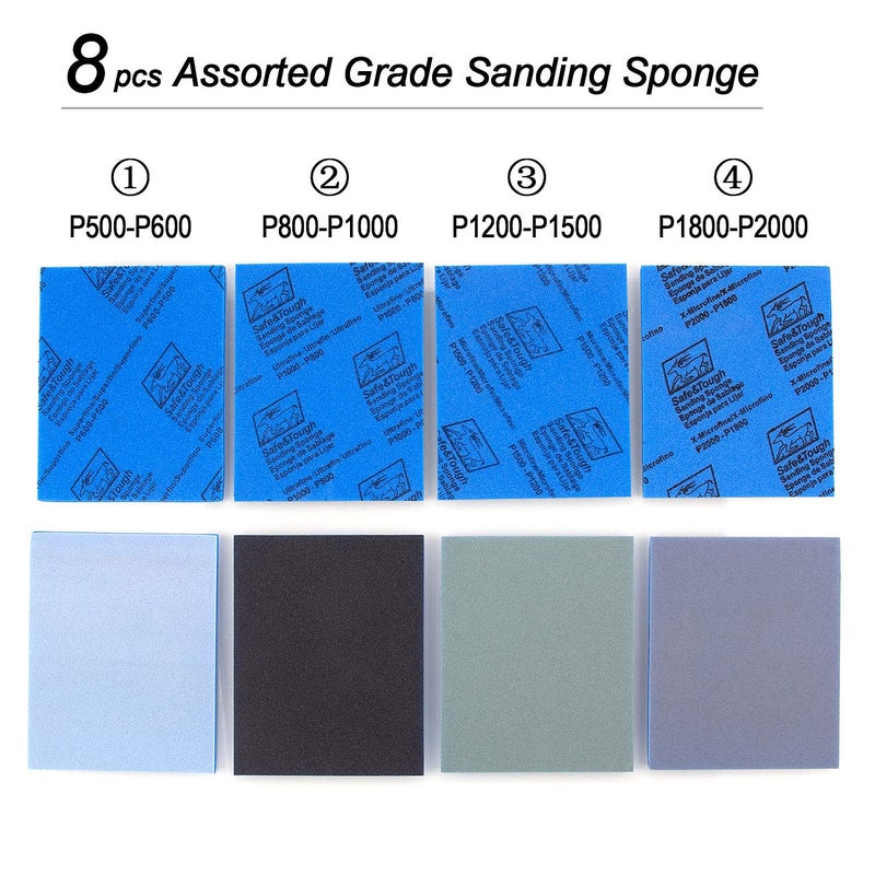 ADVcer 500-2000 Grit Sanding Sponge 8 Pads, 4.5" x 5.5" x 0.2" Assorted Wet or Dry Ultra Fine Hand Sanding Sponges, Flexible Soft Foam Sand Block for Drywall, Corner Contour, Metal Wood, Hobby Model - Image 2